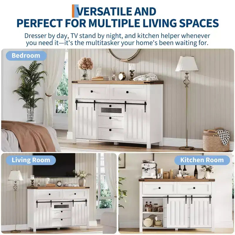 Buffet Cabinet, Sideboard Storage Cabinet with 5 Drawers and 2 Sliding Barn Doors, Wood Table with Adjustable Shelf, for Living Room, Dining Room