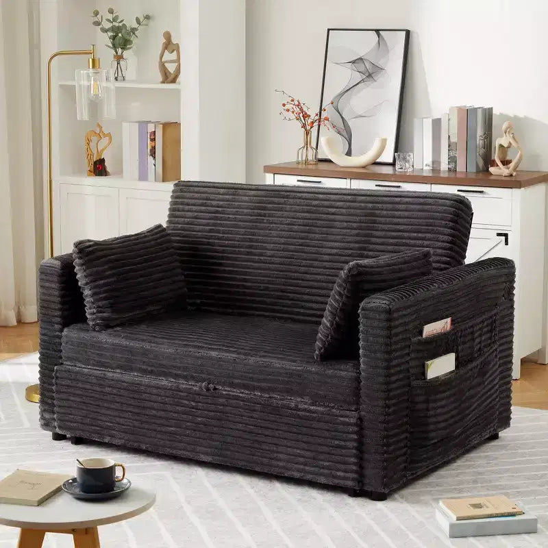 55 Pull-Out Sofa Bed, Upholstered Reversible Sleeper Sofa Bed, Deep Seat Corduroy Loveseat Sofa with Side Pockets for Living Room Apartment