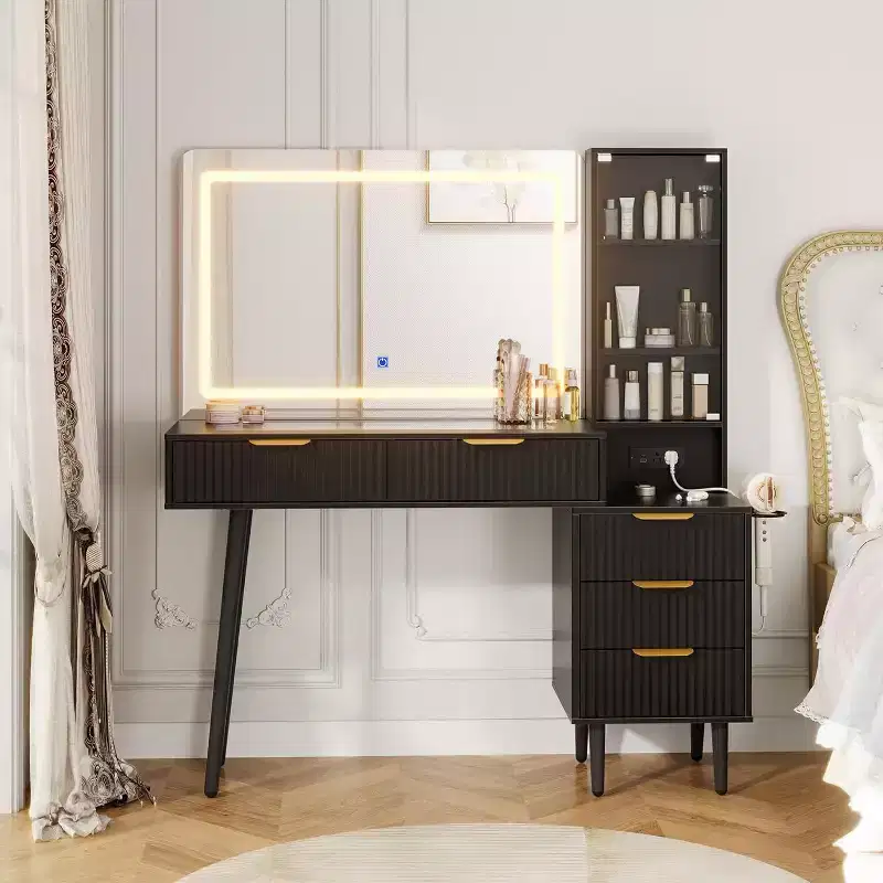 48 Fluted Makeup Vanity Set with 36 LED Mirror, 3 Lighting Modes & Built-in Outlets, 5-Drawer Storage & Glass Top Dressing Table for Bedroom,Grey