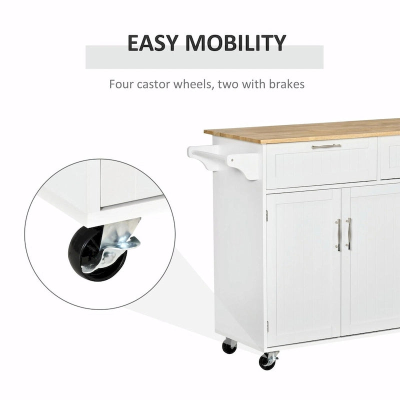 Rolling Kitchen Island Cart with Natural Wood Top 2 Drawers 3 Cabinets and Towel Rack