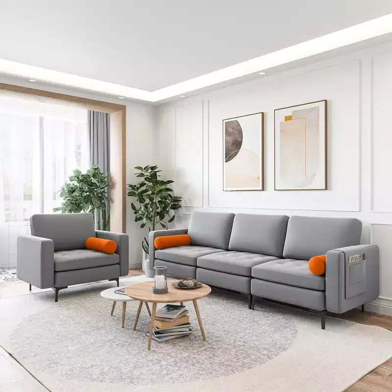 Costway Modern Modular 3-Seat Sofa Couch w/ Side Storage Pocket & Metal Leg Ash Grey