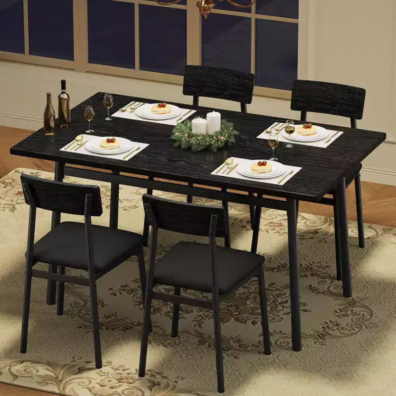 5-Piece Wood Dining Table Set for 4, Smooth Edge Table with 4 Upholstered Chairs, Compact Kitchen Dining Set for Apartment & Small Spaces