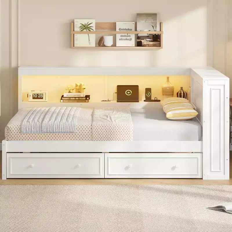 Full Size Corner Bed with Storage Drawers, Bookcase, L Shaped Wood Day Bed Frame with Bookcase Headboard for Living Room
