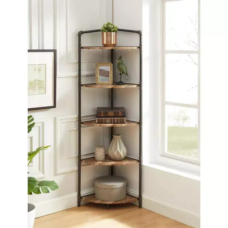 24/7 Shop At Home 63.75 Beeme 5 Tier Corner Bookshelf Sand Black/Light Pure Copper: Industrial Style MDF Storage