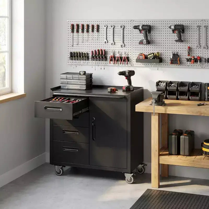 Rolling Steel Tool Cabinet 鈥?4 Drawers + Lockable Storage, 34.65Hx29.53Wx16.5D