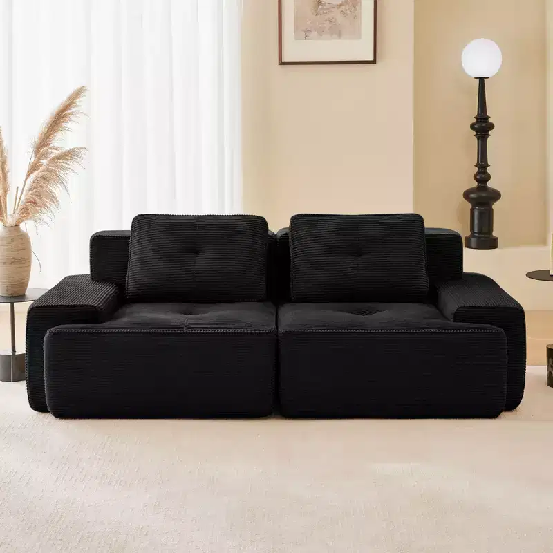 82 2-Seater Modern Camel L-Shaped Modular Sectional Sofa for Living Room, Corduroy Fabric Pearl-like piping Tufted Design No Assembly