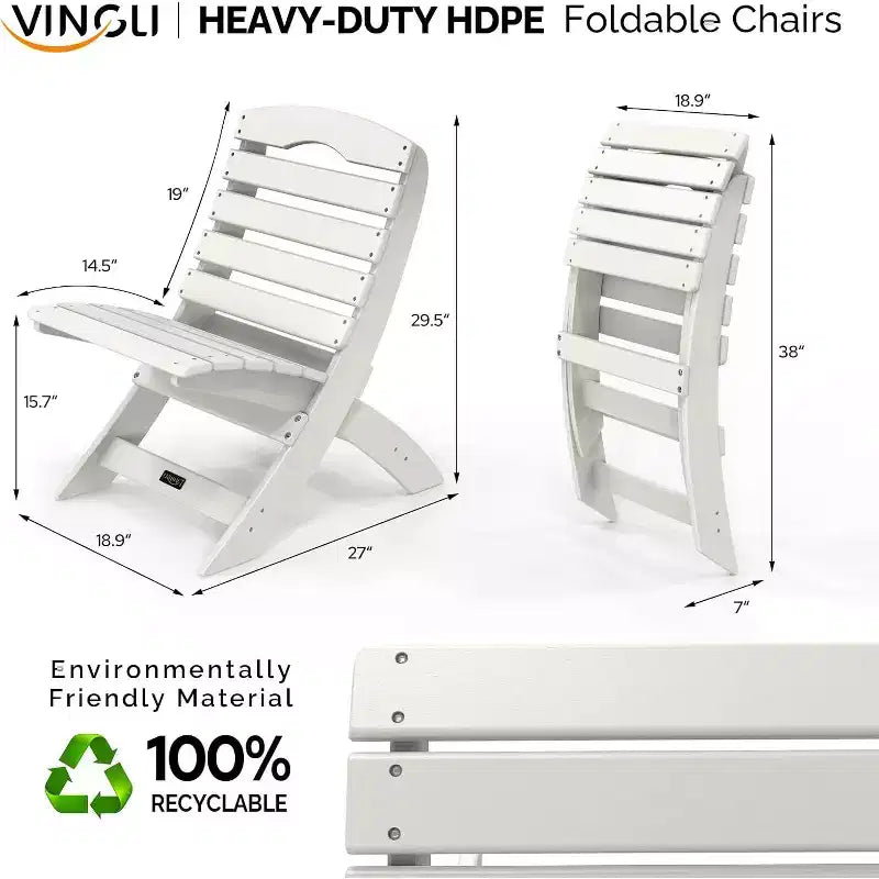 VINGLI Portable Adirondack Chairs, Folding Plastic Adirondack Chair for All Weathers, Capacity 350 LBS, White