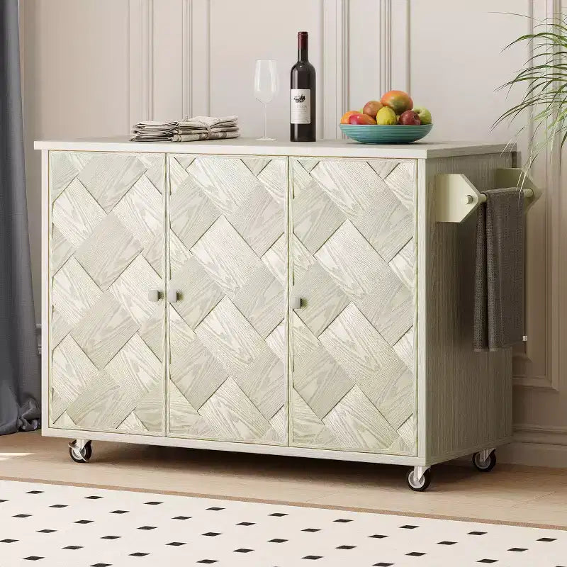 Kitchen Island with Drop Leaf & Handwoven Doors, Cart with Internal Storage Rack, Countertop
