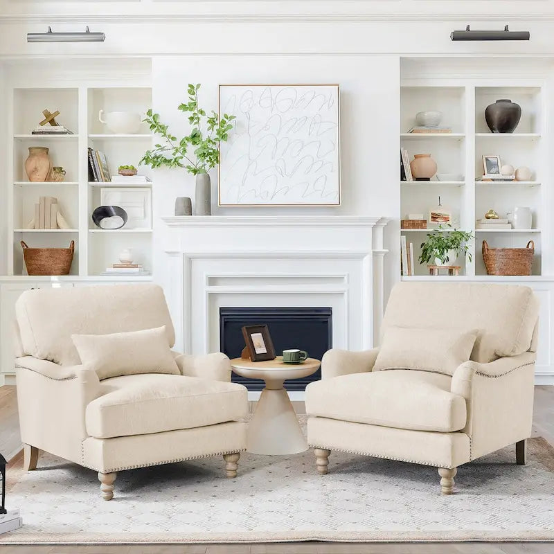 Modern Arm Accent Chair Upholstered with Solid Wood Frame and Lumbar Pillow
