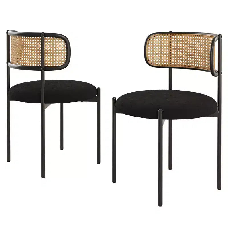 PexFix 2Pcs Modern Upholstered Dining Chairs Rattan Back Dining Room Chairs Accent Kitchen Chairs with Metal Legs Black