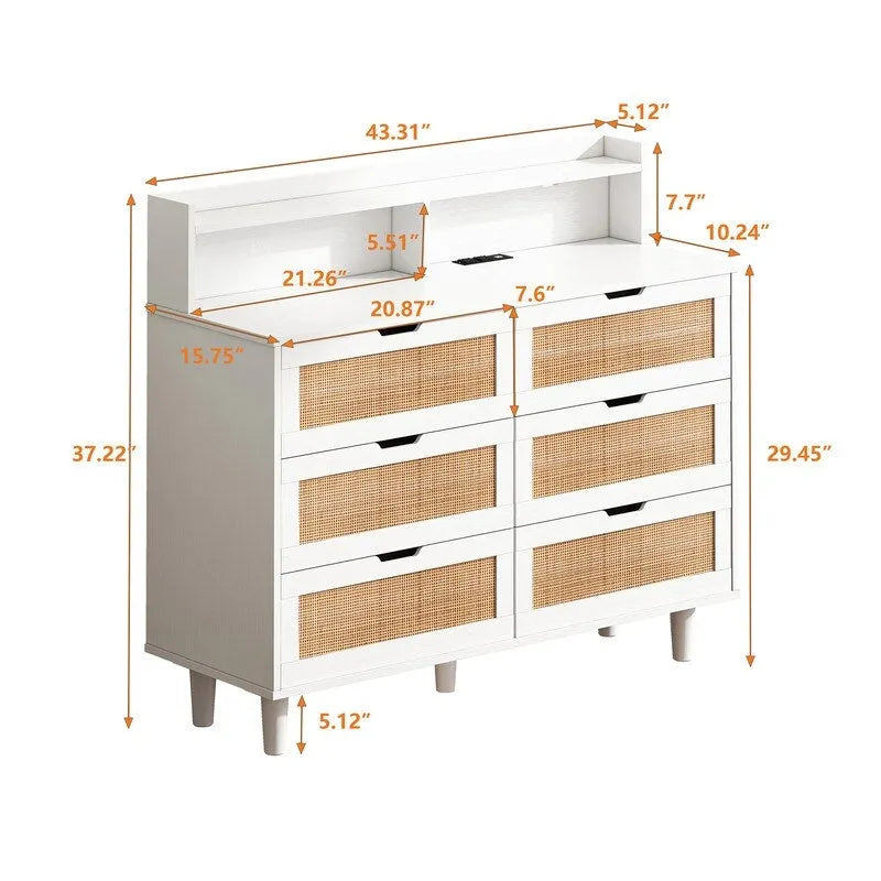 Bohemian Rattan 6-Drawer Sideboard Buffet with Adjustable LED Lights & Power Outlet