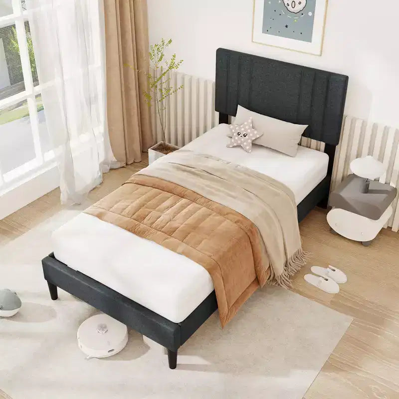 Costway Twin / Full / Queen Size Bed Frame w/ Vertical Channel Tufted Headboard & Wooden Slats