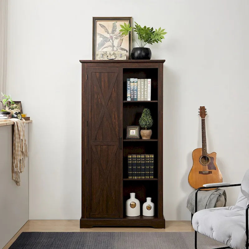 Rustic Barn Door Storage Cabinet Pantry Cupboard with Adjustable Shelves