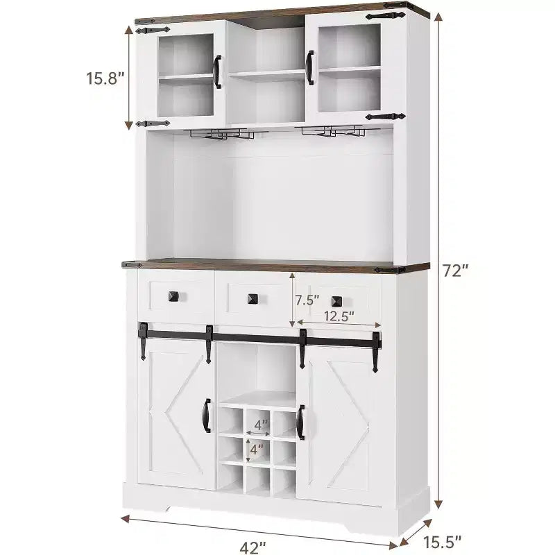 72 Tall Wine Bar Cabinet with Door & Glass Holder, Standing Liquor Cabinet Sideboard with Closed Storage for Kitchen & Living Room, White