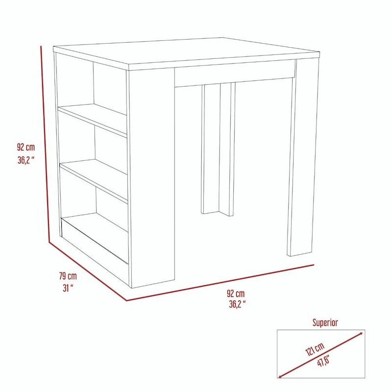 White and Pine Kitchen Island with 3-Tier Open Shelves and Breakfast Bar Height Top