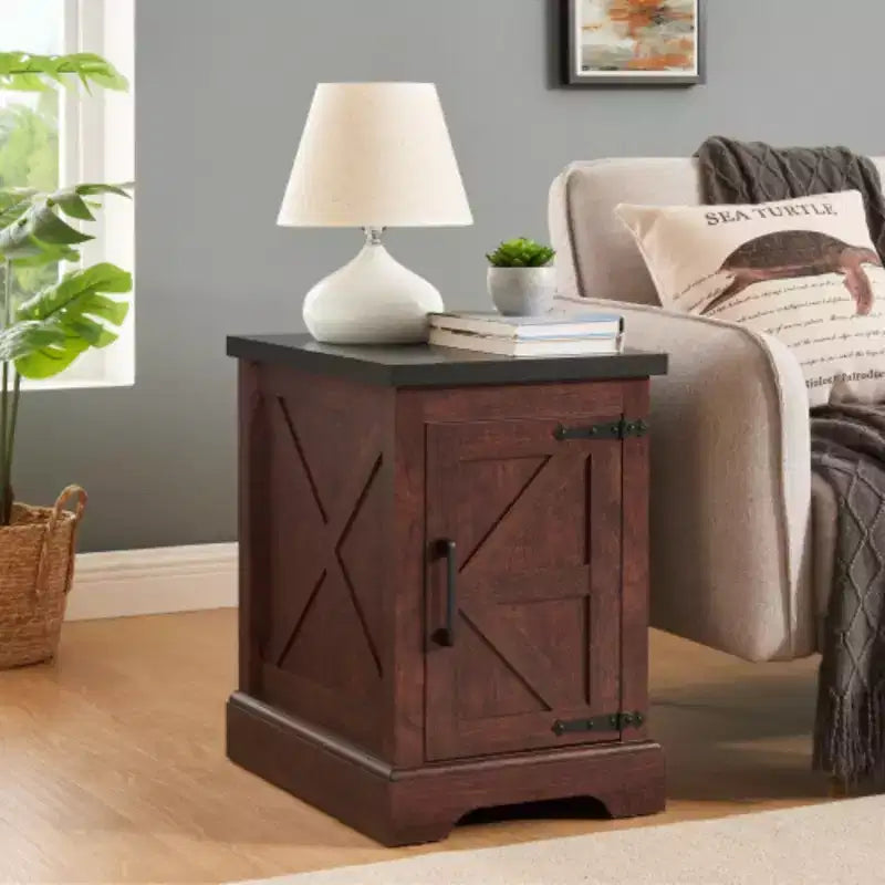 Farmhouse end table Nightstand Rectangular Farmhouse End Table with Barn Door and Adjustable Storage Shelf