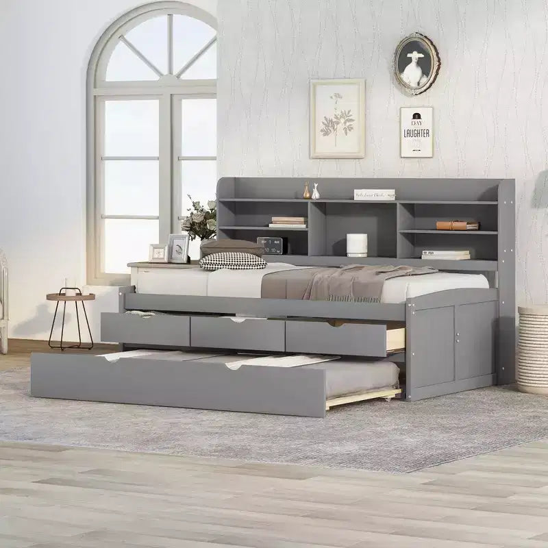 FAMYYT Twin Size Wooden Captain Bed?With Built-in Bookshelves, Three Storage Drawers and Trundle, Easy Assembly