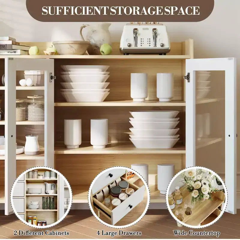 140.0 cm Rustic Kitchen Sideboard with Drawers, Glass Doors and Adjustable Shelves