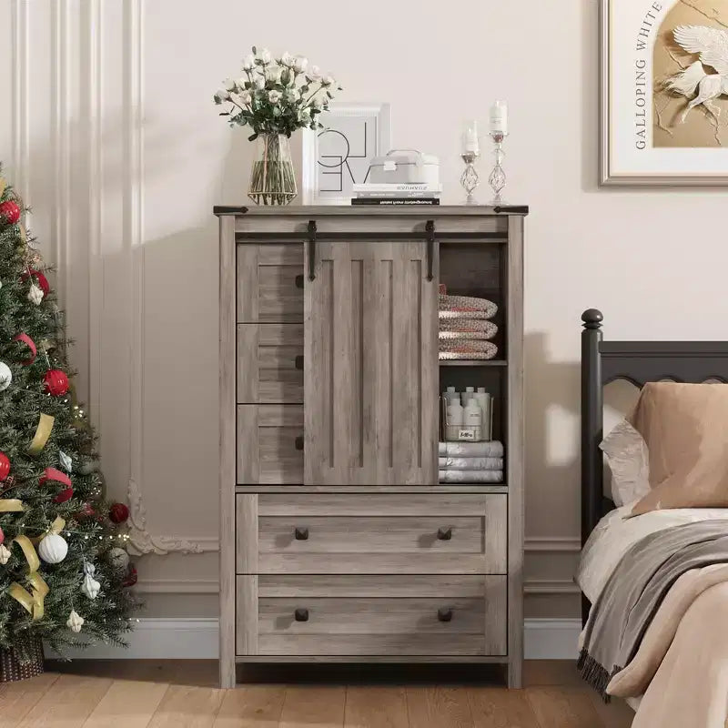Farmhouse 5 Drawer Dresser for Bedroom, Wood Dresser Chest of Drawer with Sliding Barn Door, Adjustable Shelf, Storage Organizer for Bedroom