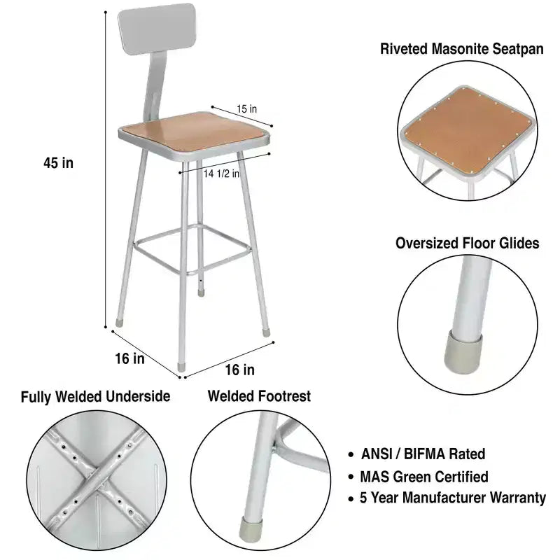 Hampden Furnishings 2pk 30" Clint Collection Stool with Backrest Gray: Wool Upholstery, Steel Frame, Abstract Pattern