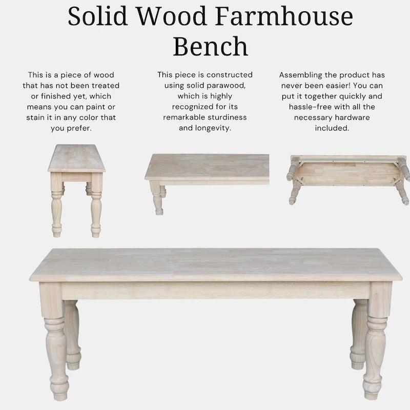 Unfinished Farmhouse Dining Bench, Solid Wood