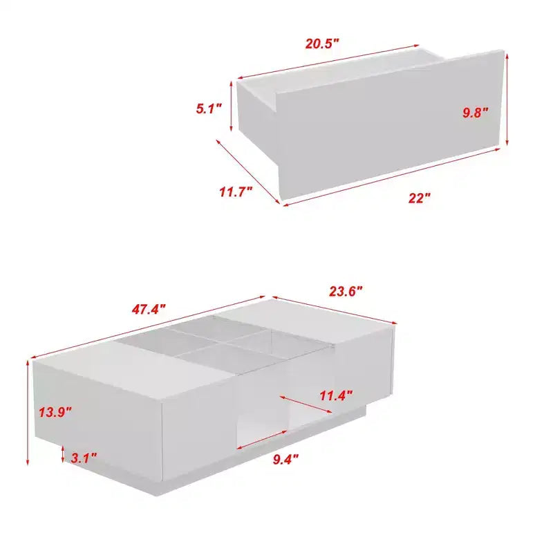 White High-Gloss LED Coffee Table with Drawer & Open Compartments