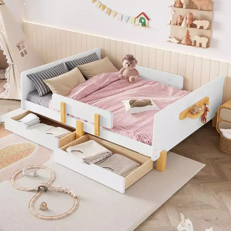 JVNOXK 59.06''Full Size Platform Bed with Storage Drawers, Solid Wood Beds Frame with Bed Guardrail, Small Shelf,Hooks, No Box Spring Needed, White