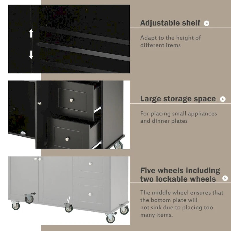Rolling Kitchen Island with Drop Leaf Breakfast Bar Solid Wood Top 3 Drawers and Spice Rack