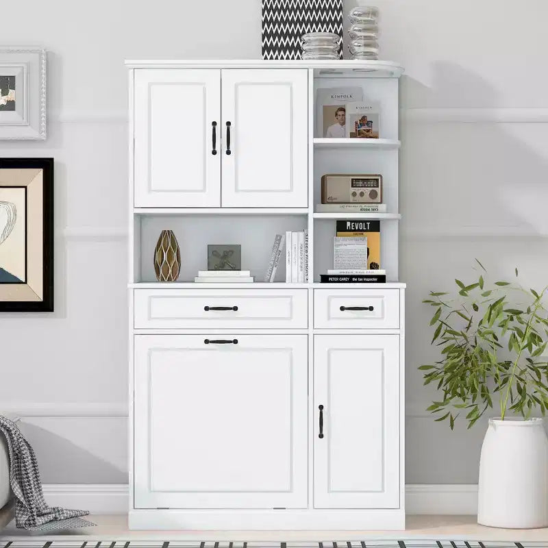White Tall Freestanding Storage Cabinet Drawers Doors Adjustable Shelves Flip Drawer MDF