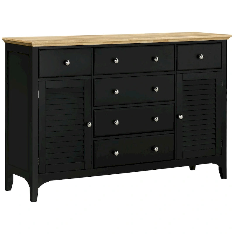 Sideboard Buffet Cabinet with Storage Drawers, Rubber Wood Top and Adjustable Shelves, Black