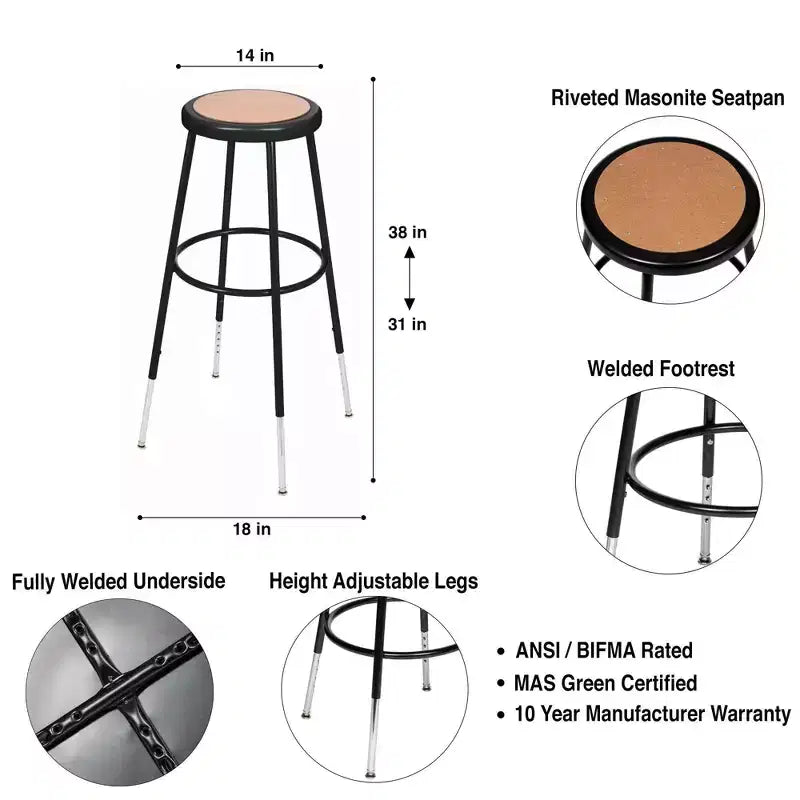 Hampden Furnishings Set of 2 32"-39" Height Adjustable Heavy Duty Steel Accent Barstools Black: Modern Round Frame, 300 lbs Capacity