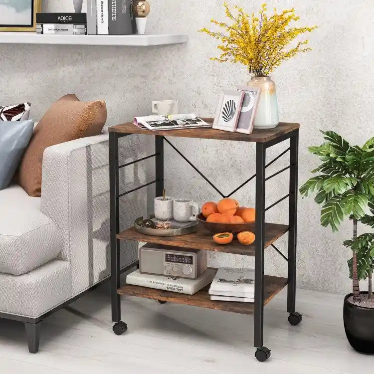 Rustic Brown 3-Tier Rolling Baker's Rack Microwave Cart with S-Hooks