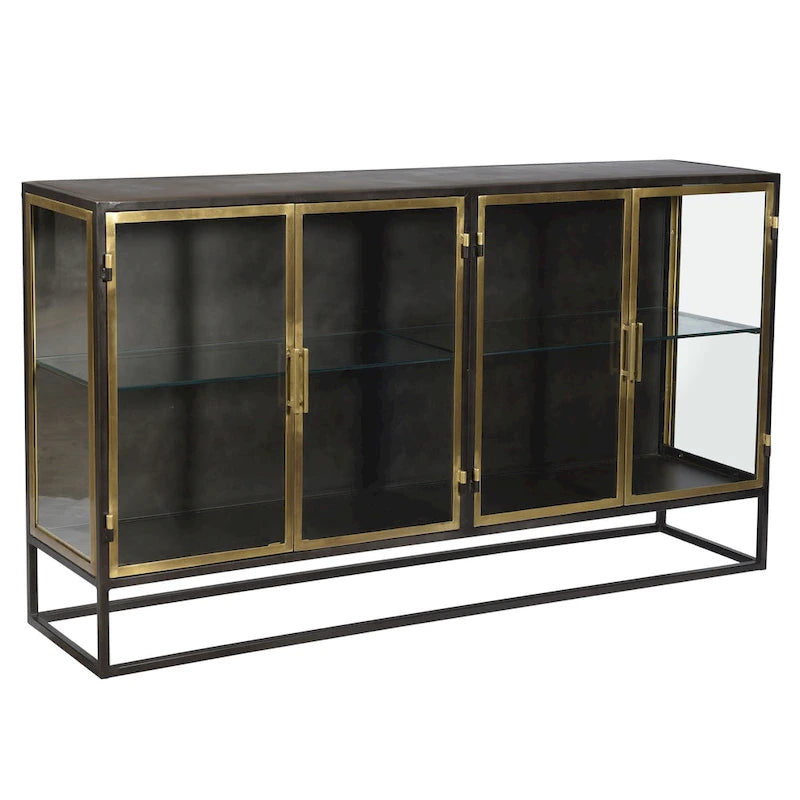 Gunmetal & Brass Black 4-Door Glass Sideboard, Industrial Style