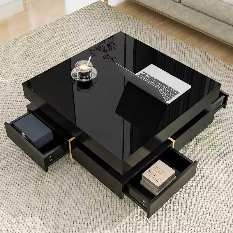 Modern High Gloss Coffee Table �C 4 Drawers, Square 31.5, Black