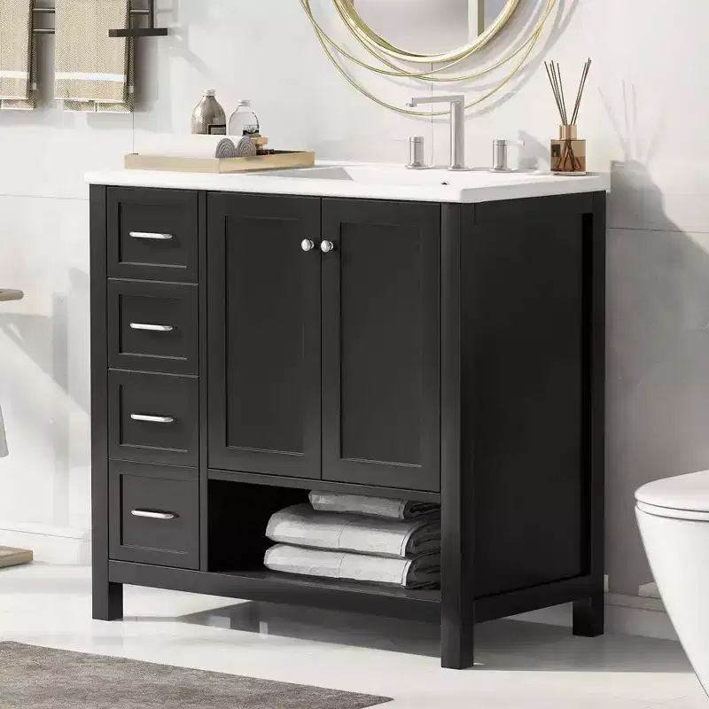 MAYEERTY 36 Bathroom Vanity with Sink Top 2 Doors 2 Drawers Solid Wood Open Shelf MDF Black
