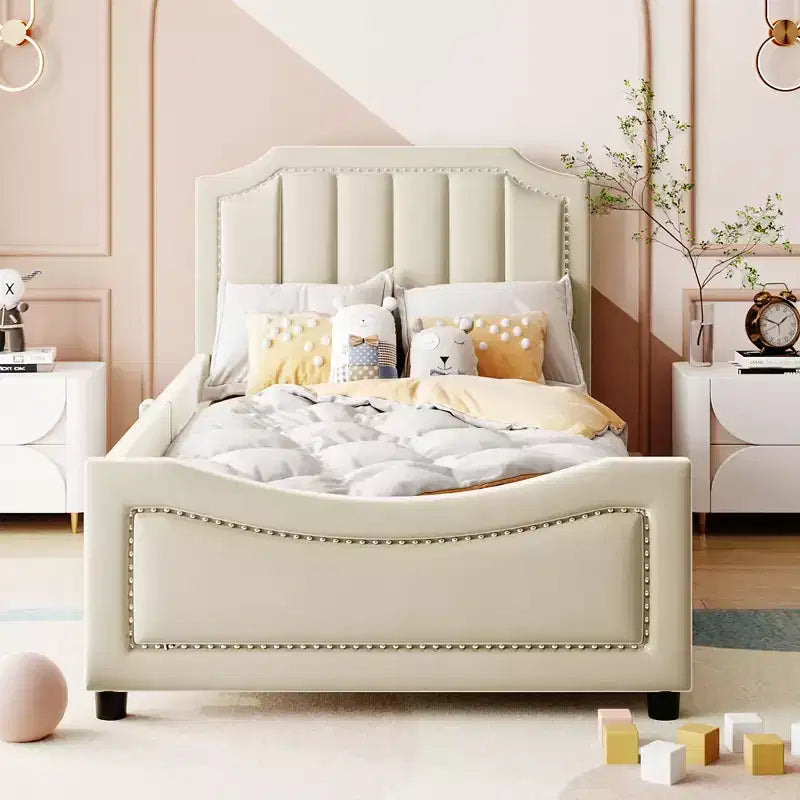 Bellemave Twin Daybed with Upholstered Stripe Headboard, Beige, Sturdy Wood Frame, Modern Elegant Design, Perfect for Kids or Guest Room