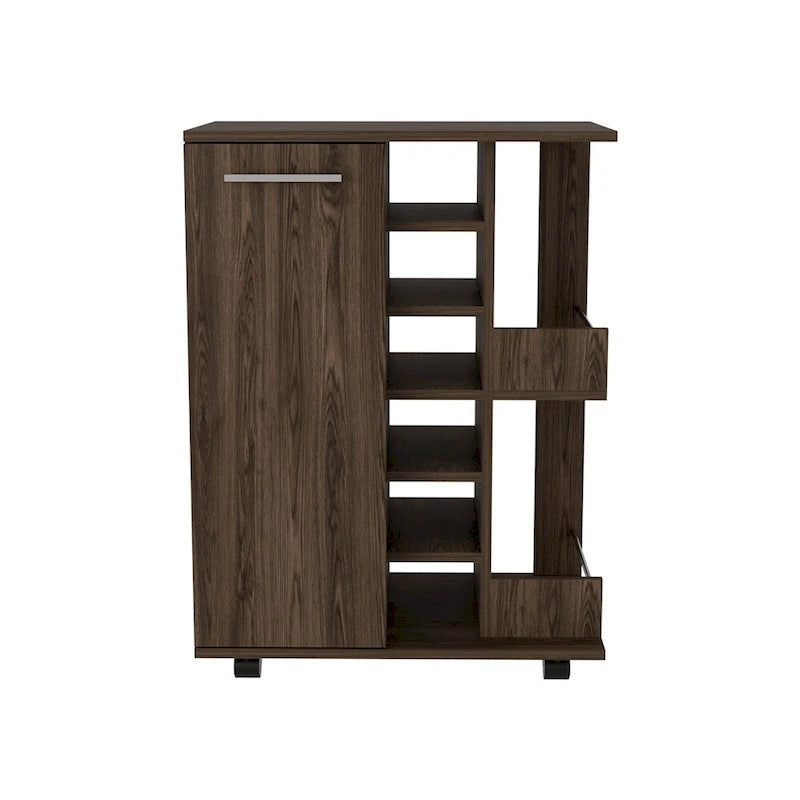 Rolling Bar Cart with Enclosed Cabinet 6-Bottle Wine Cubby and Open Bottle Shelves