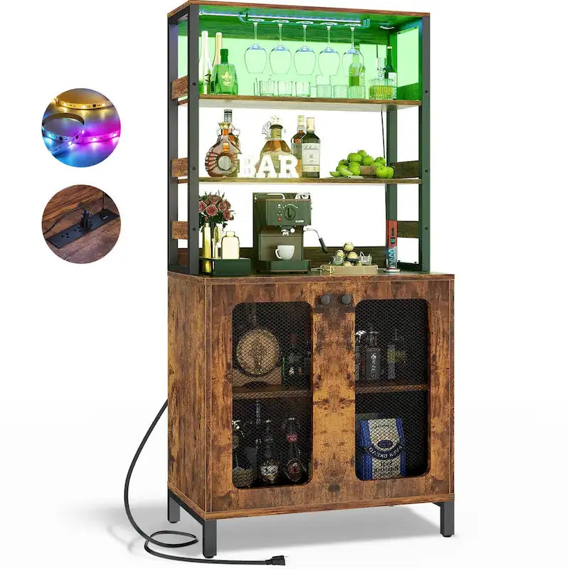 67-Inch Tall Wine Bar Cabinet with LED Lights, Glass Holder and Power Outlets