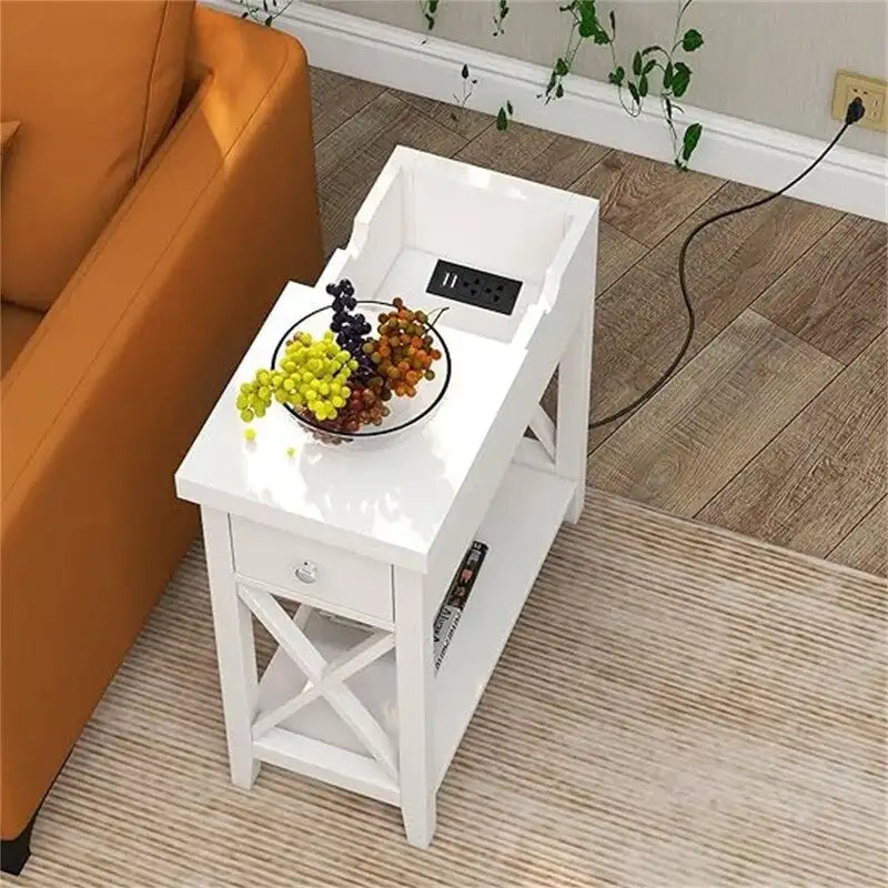 Narrow End Table with Flip Top Drawer and Charging Station