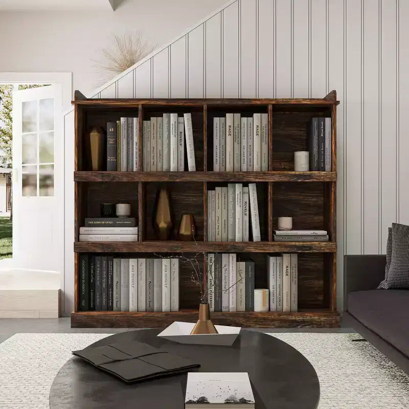 10 Cube Tall Bookcase, Freestanding Cubicle Storage Shelf Vintage Industrial Bookcase for Living Room Bedroom Office