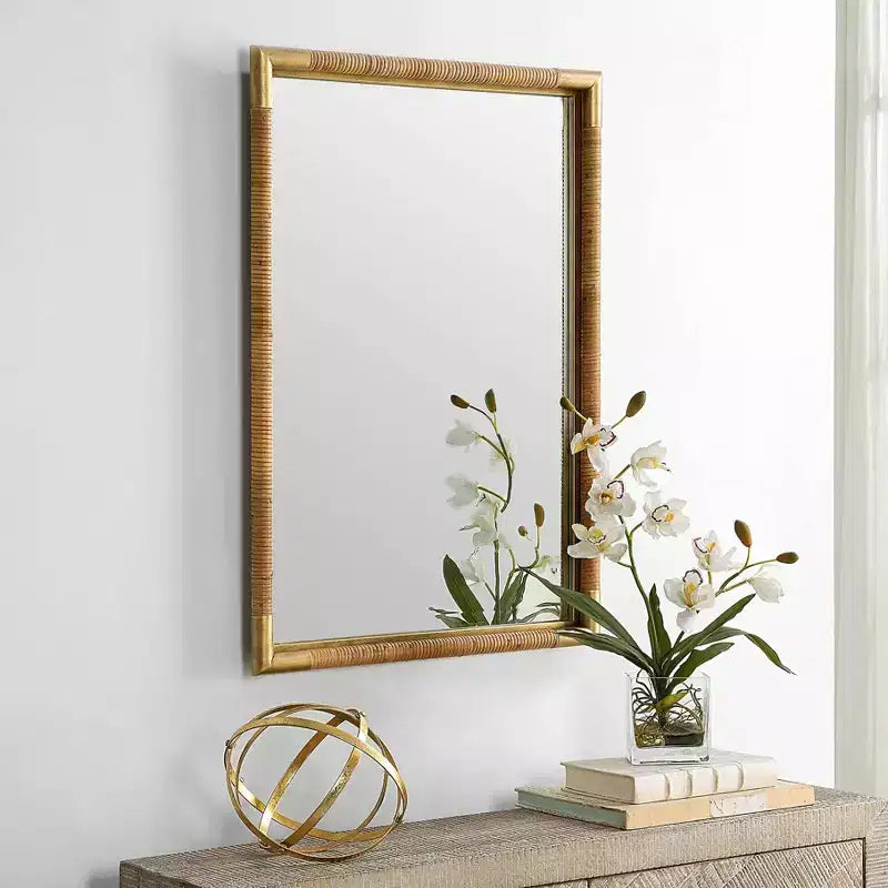 Uttermost Kampar Antiqued Gold and Rattan 22 x 32 Vanity Wall Mirror