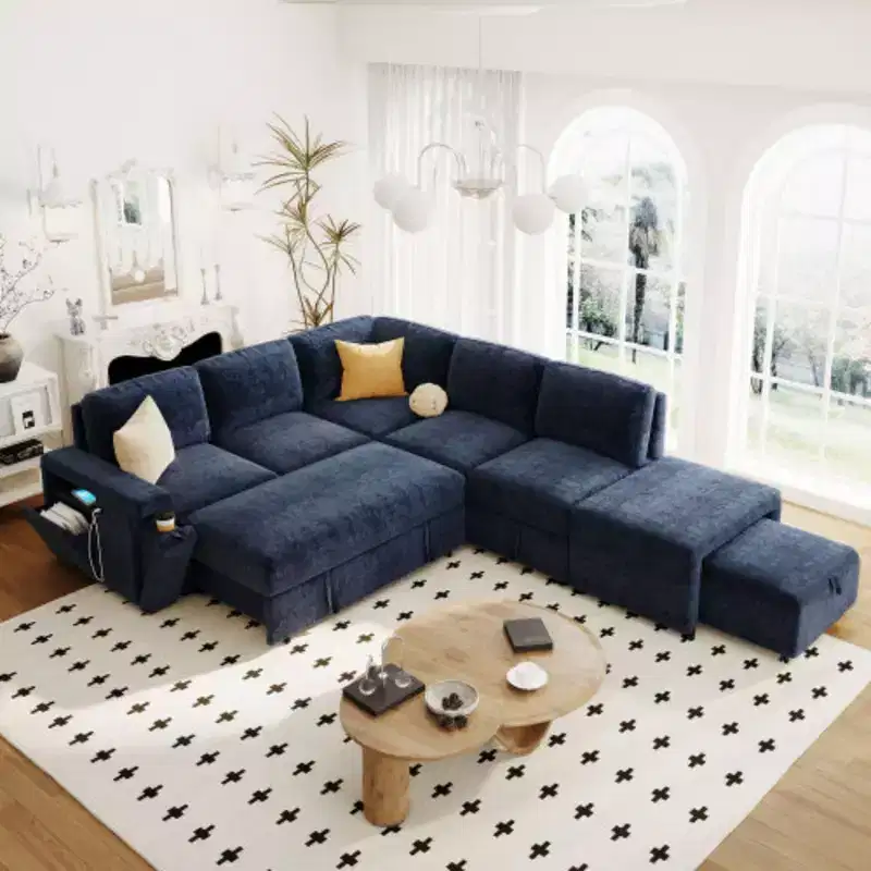L-shaped Padded Modular Sofa with Storage Space, USB Ports, and Cup Holders on the Armrests, Suitable for Living Rooms, Offices, and Apartments.