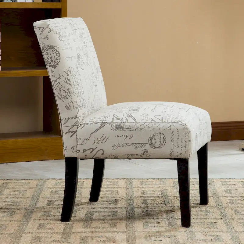 French Script Upholstered Accent Chair | Taupe & Cream | Espresso Legs | 23.25W