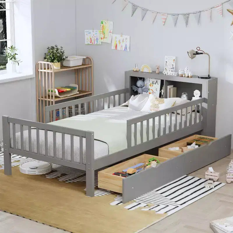 MAYEERTY Twin Size Bed with Headboard Storage Storage Rack Two Under Bed Drawers Three Side Guardrails for Bedroom Gray