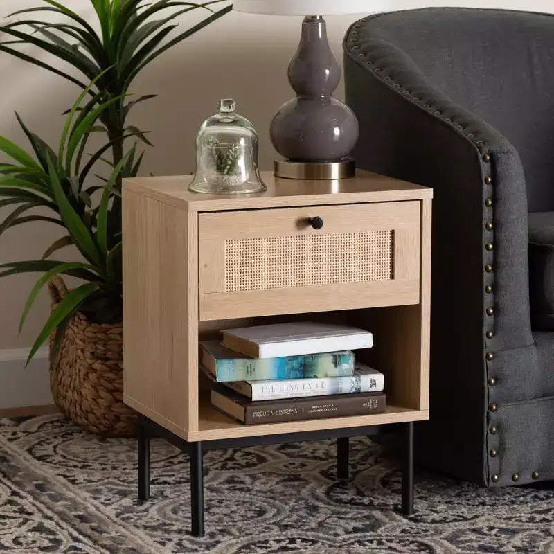 Mid-Century Modern Light Brown and Black 1-Drawer End Table with Woven Rattan Accent