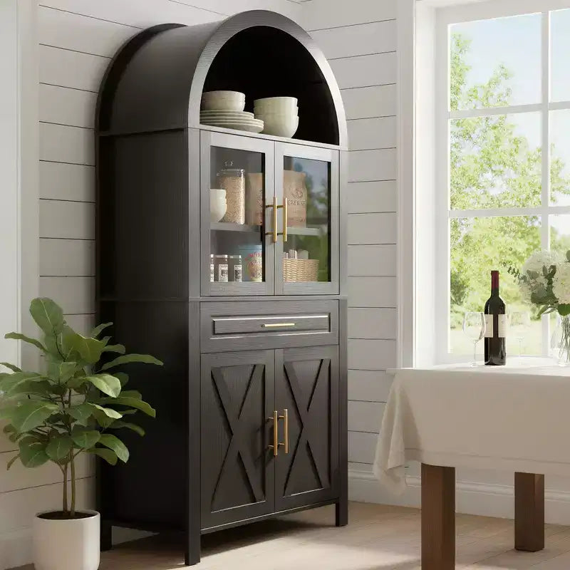 Okak Tall Arched Storage Pantry Cabinet with Glass Doors & Adjustable Shelves,Display Sideboard Accent Cabinet for Dining Room,Kitchen