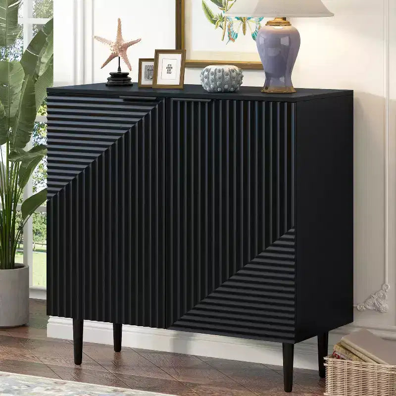 70W Set of 2 Modern Minimalist Sideboard TV Stand TV Console Buffet Cabinet with Geometric Door and Adjustable Shelf