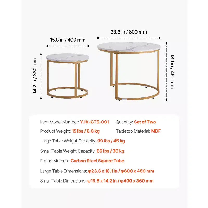 2 Piece White Gold Nesting Coffee Table Set, 23.6 Round Marble Pattern MDF Metal Frame End Side Tables for Small Space