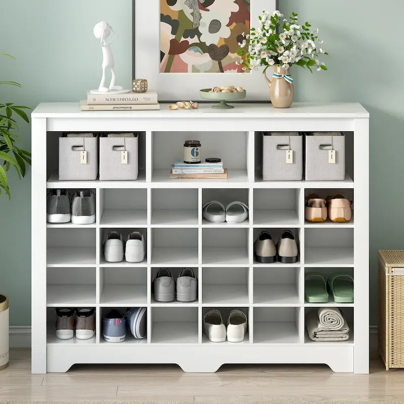 24-Cubby Shoe Cabinet with Curved Base, Versatile Sideboard