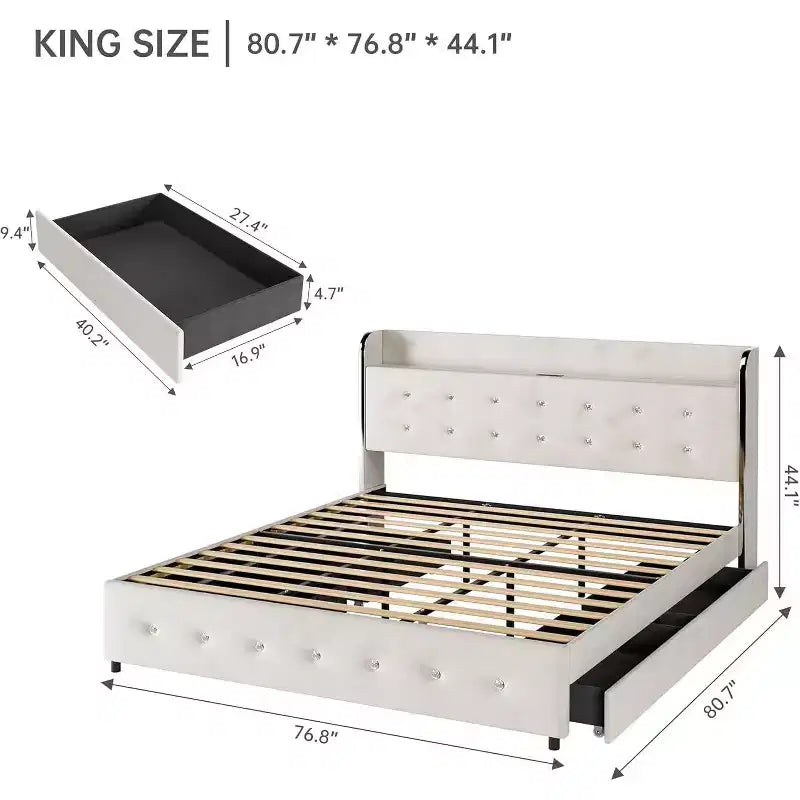 Upholstered Platform Bed with Charging Station, Headboard Shelf 4 Storage Drawers No Box Spring